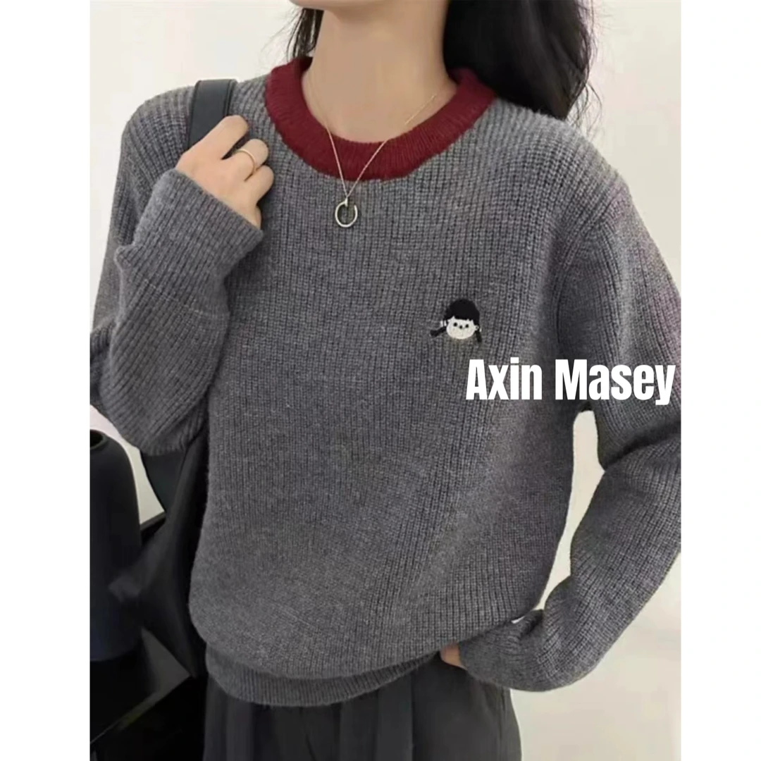 刺绣女孩加厚圆领撞色绵羊毛套头针织衫Z00760