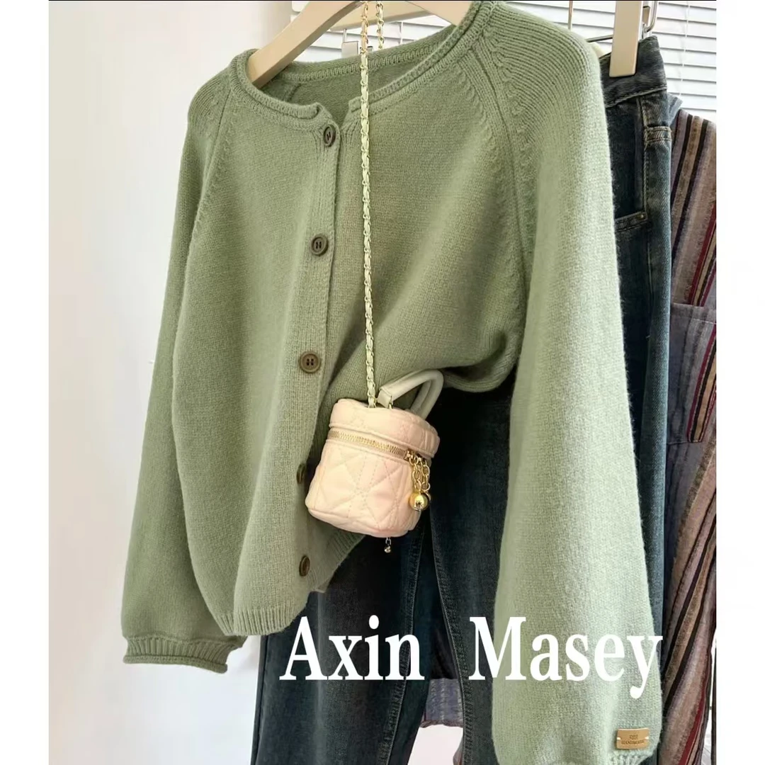 阿欣家~卷边豆绿 百搭小清新女式针织开衫Z00699