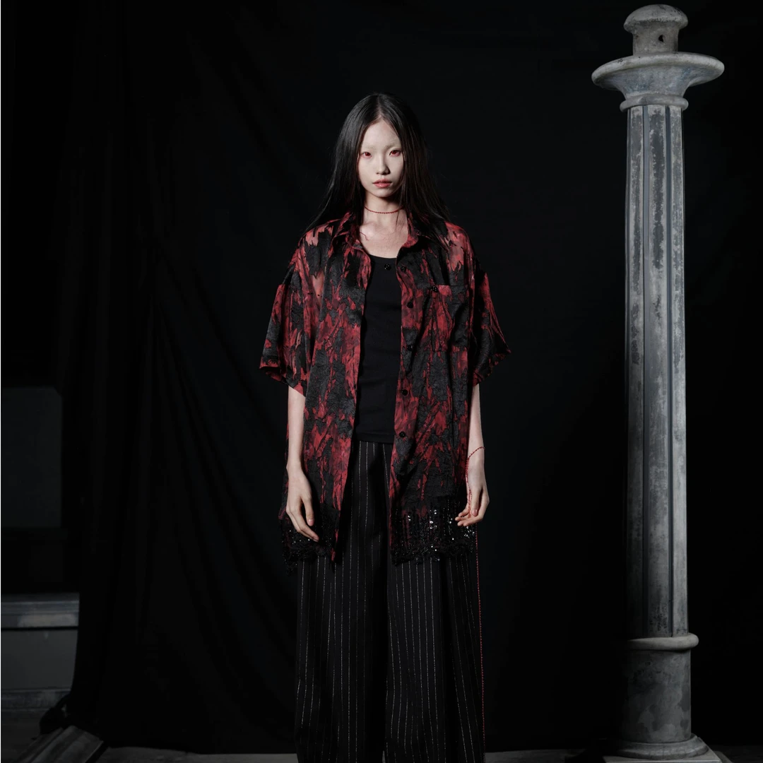 【NONRJCTN独立设计师品牌】百搭印花烧花男女同款透明钉珠短袖衬衫