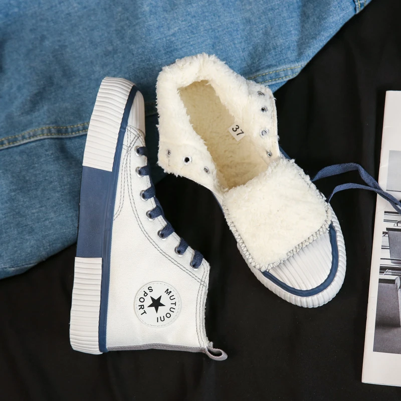 2023冬季新款韩版高帮加绒加厚保暖帆布鞋女二棉鞋休闲百搭板鞋潮