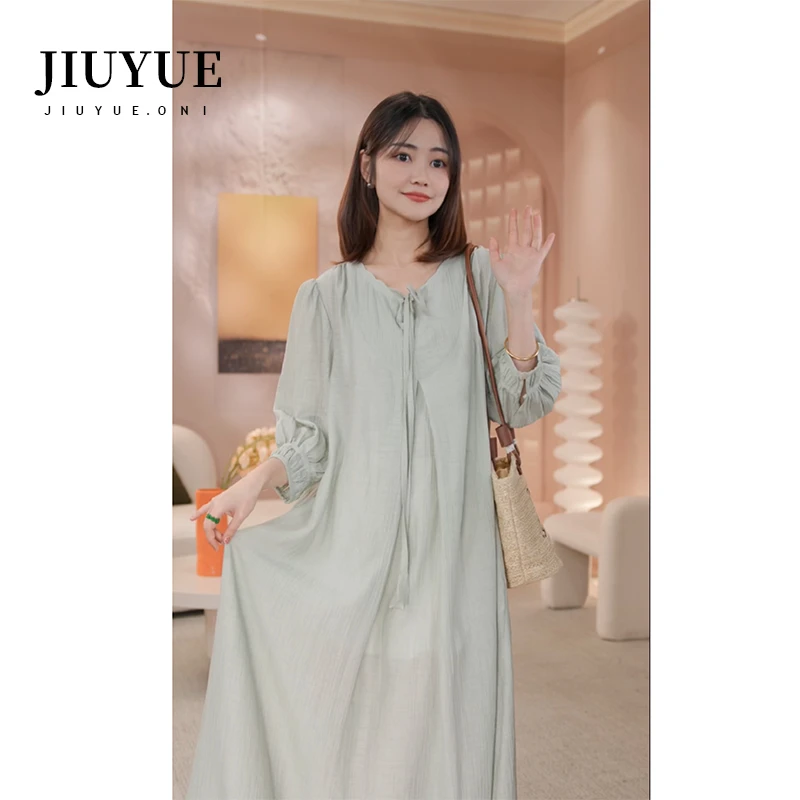 九月Oni【竹林池畔】宽松连衣裙女系带超显瘦温柔风法式C148A24