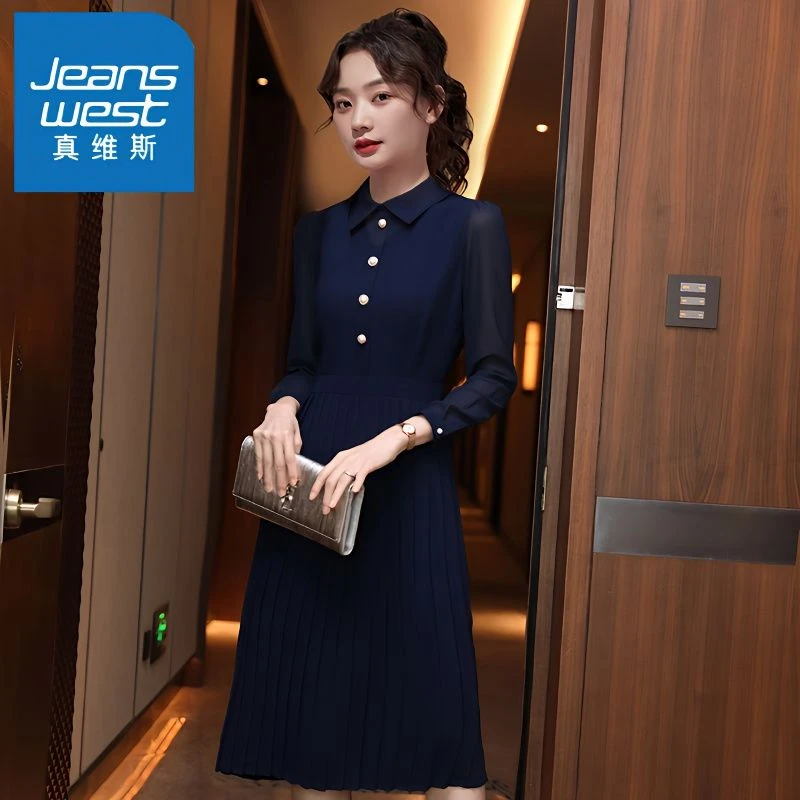 真维斯法式雪纺连衣裙女2023春夏新款气质衬衫领裙轻奢收腰百褶裙