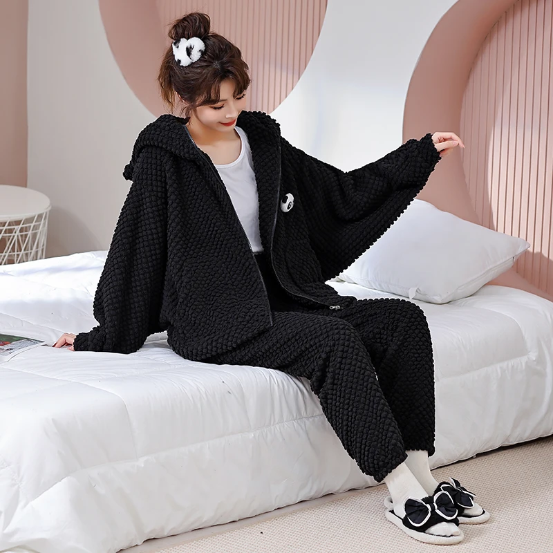 冬季睡衣连帽女加绒加厚珊瑚绒2023新雪糕绒家居服可外穿保暖套装