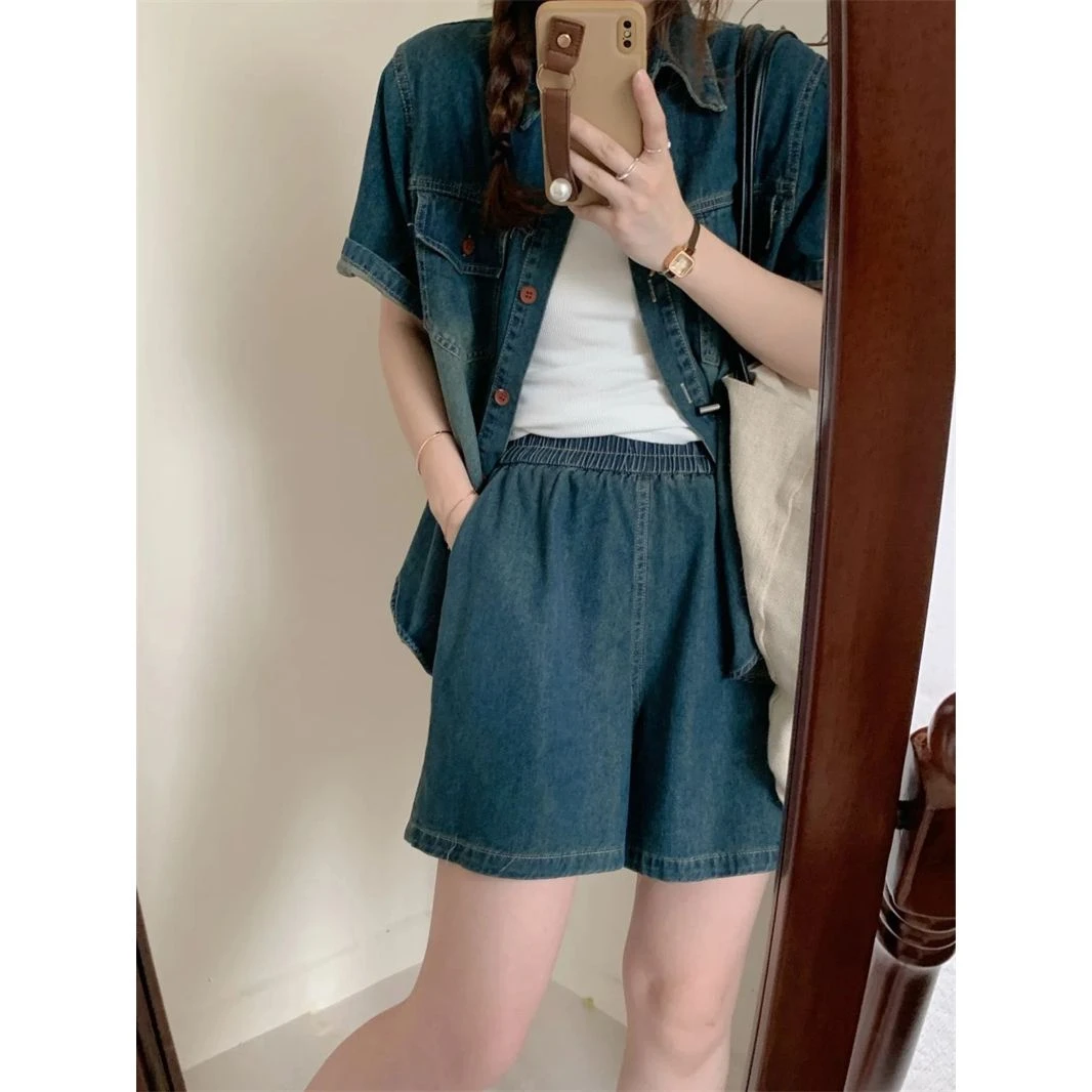 复古时尚短袖牛仔衬衫一整套新款夏季韩版森女休闲短裤上衣两件套