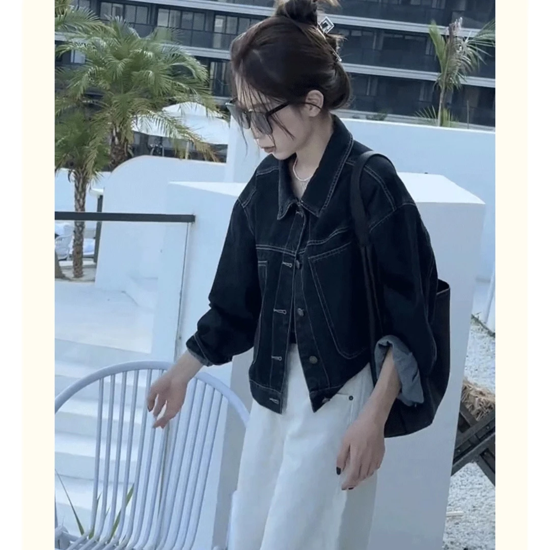 秋季新款深蓝色短款牛仔外套女韩版休闲口袋设计感工装风显瘦上衣