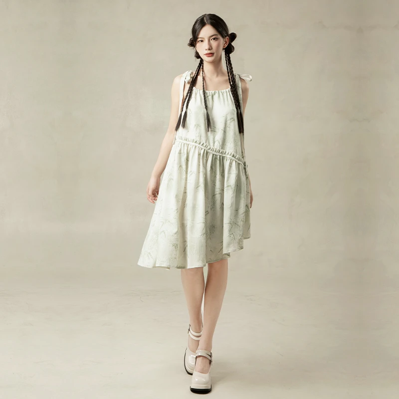 竹语·初霁|白昼集 新中式国风竹叶印花吊带连衣裙碎花蕾丝