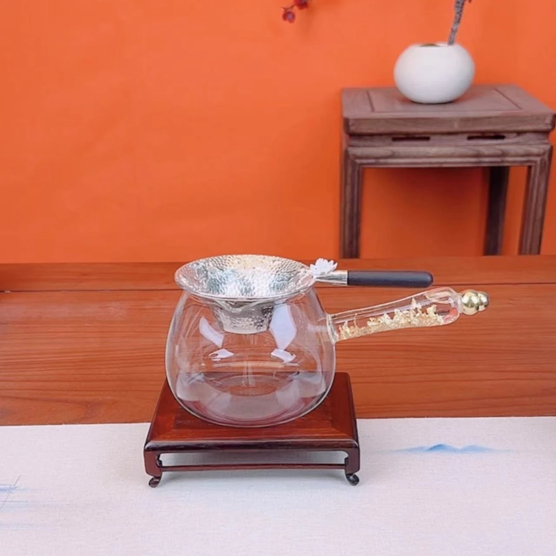 润茗茶具/莲花茶滤+金箔侧把公道杯锤纹木把过滤茶道配件耐热加厚