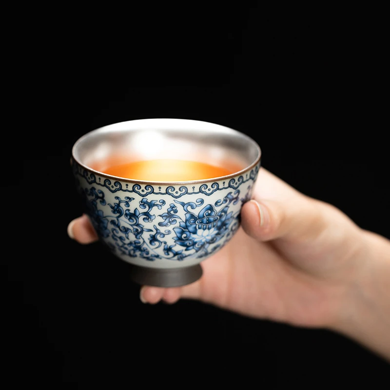 润茗茶具/缠枝莲仿古青花日式鎏银杯品茗杯主人杯手工珐琅彩手绘