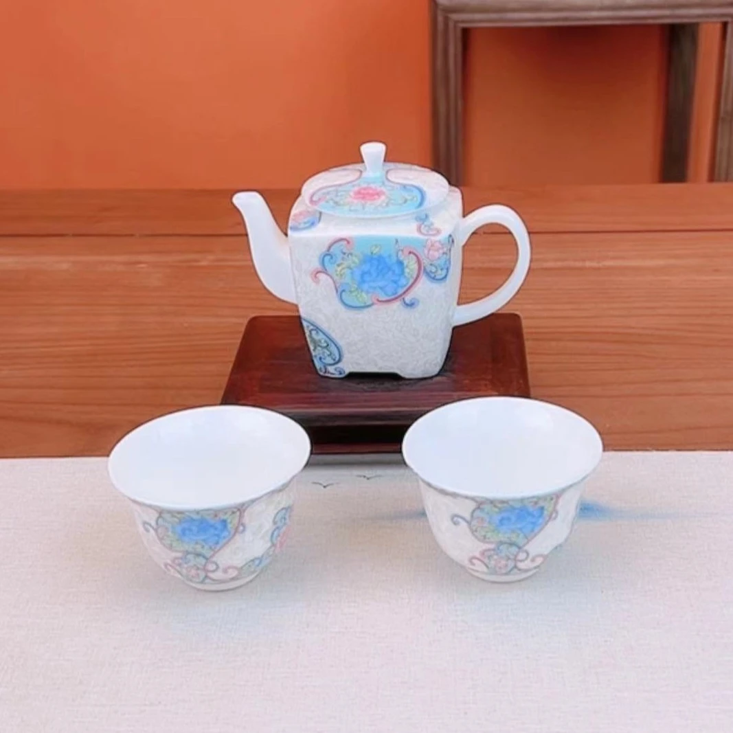 润茗茶具/花开富贵掐丝银天圆地方陶瓷高端功夫茶具四方壶+两杯