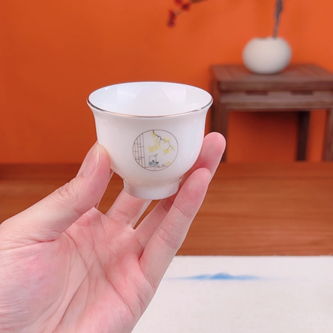润茗茶具/羊脂玉瓷开窗银杏叶功夫茶具家用茶杯