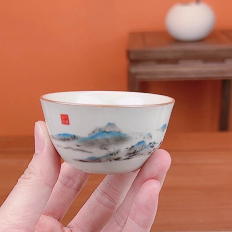 润茗茶具/山水汝窑千里江山轻奢高端陶瓷家用中式茶杯客杯