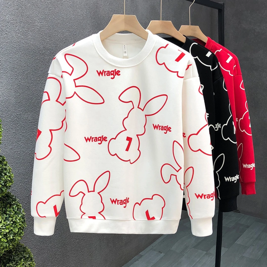 2023新款兔年红色卫衣男冬款加绒内搭本命年新年衣服男士圆领上衣