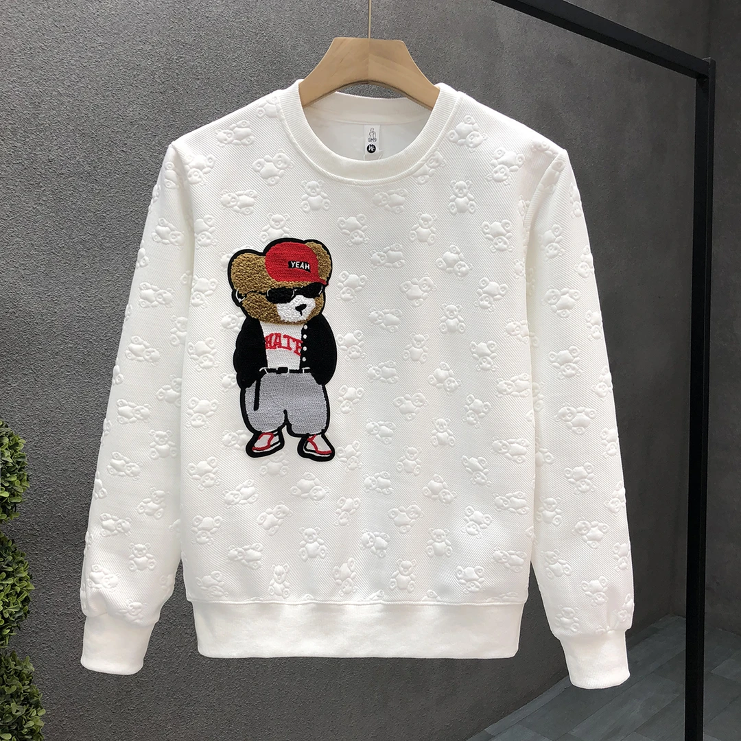 2023新款男士冬季打底衫巨帅气小熊刺绣卫衣男春秋款潮牌青年上衣