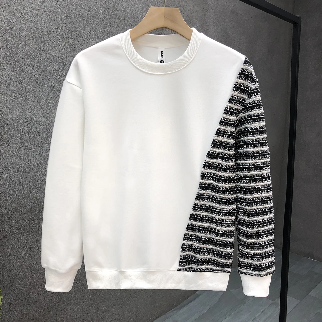 2023春秋季新款男士高端秋装上衣简约拼接卫衣男潮牌长袖内搭t恤