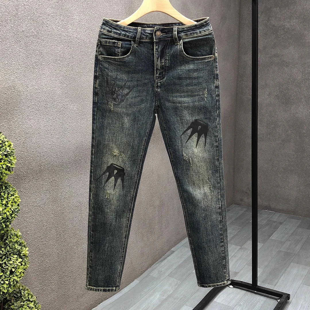 男士百搭直筒休闲青年长裤高端复古做旧牛仔裤男春秋修身小脚裤子