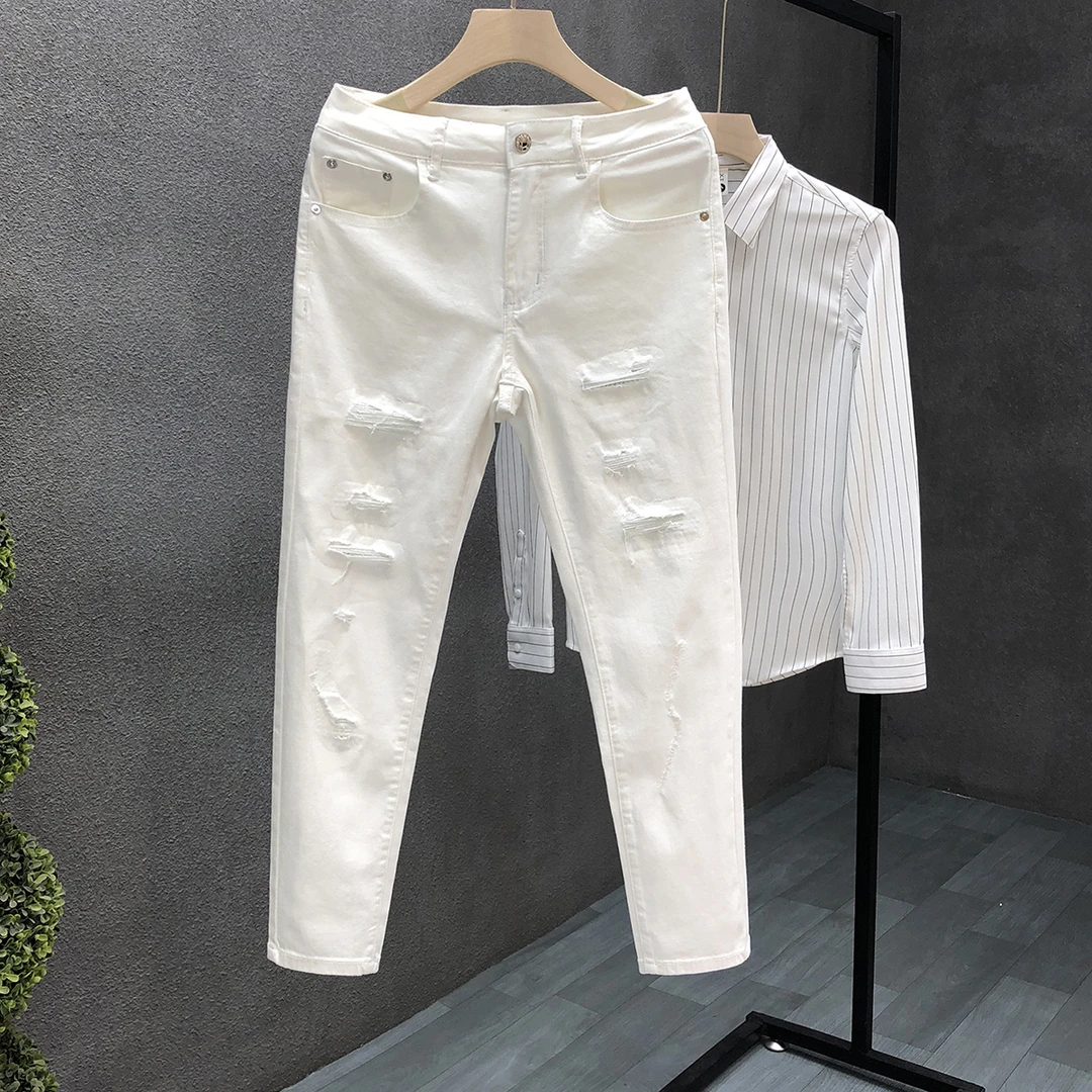 2024夏季新款男士长裤白色破洞烫钻牛仔裤男款潮牌潮流修身小脚裤