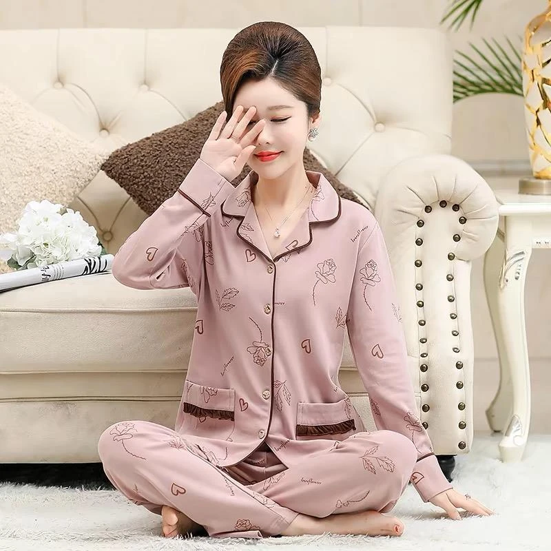 中年妈妈睡衣女春秋季长袖纯棉2024年新款大码中老人婆婆家居服