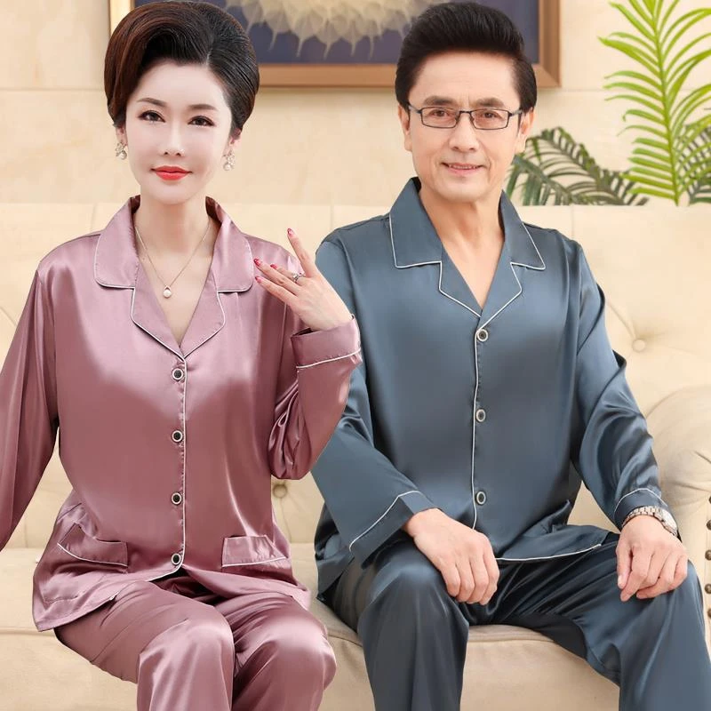 春秋中老年情侣冰丝女睡衣爸爸妈妈丝绸春装仿真丝父母春天男套装