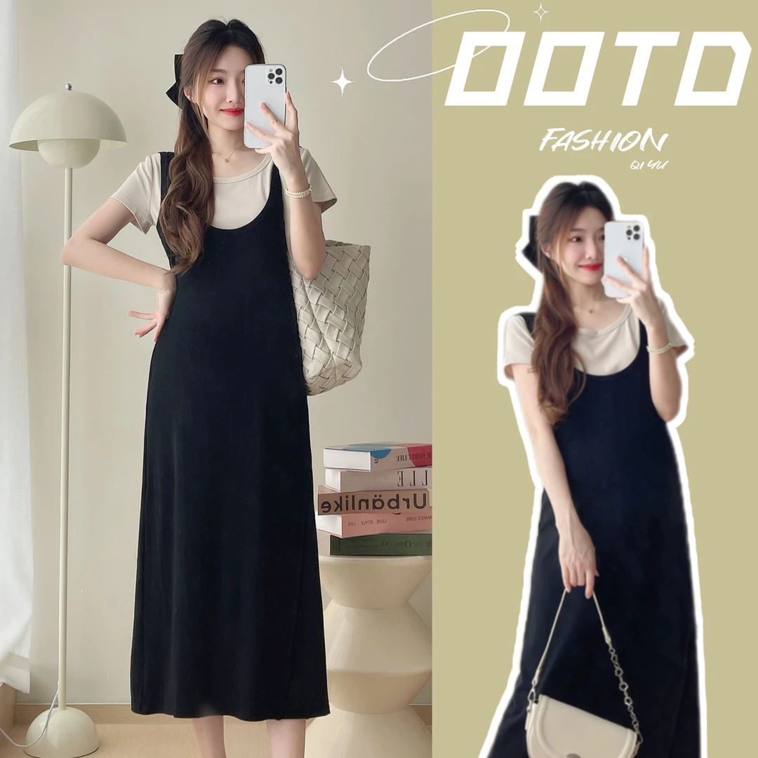 孕妇装夏季新款时尚气质假两件连衣裙显瘦减龄孕妇裙