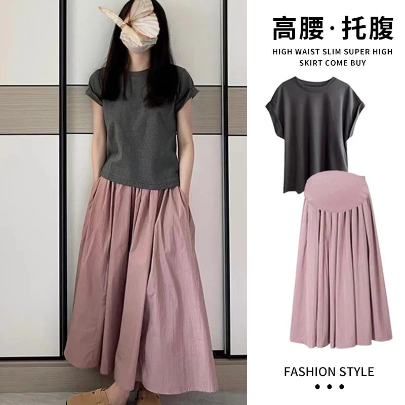 孕妇套装夏季新款时尚减龄短袖上衣+托腹半身裙宽松两件套