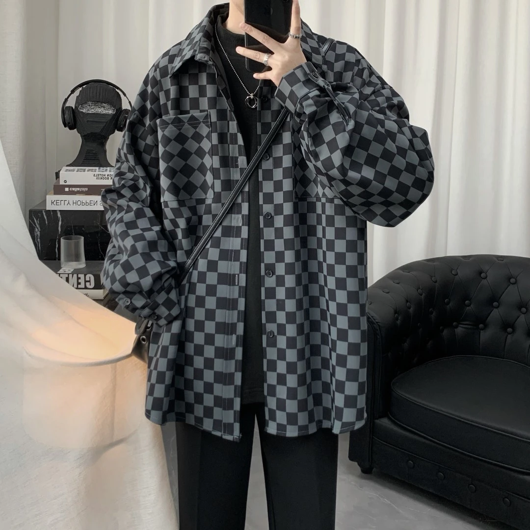 2025春季高级感棋盘格子长袖衬衫男款设计感小众内搭宽松潮流衬衣