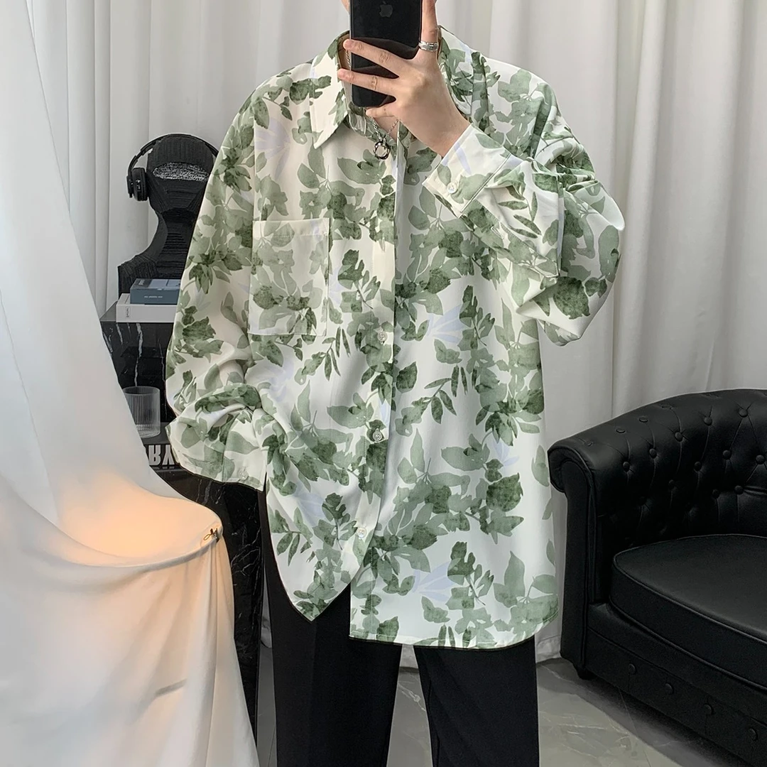 高端上档次轻奢国风长袖衬衫男款春秋季休闲宽松百搭痞帅花衬衣