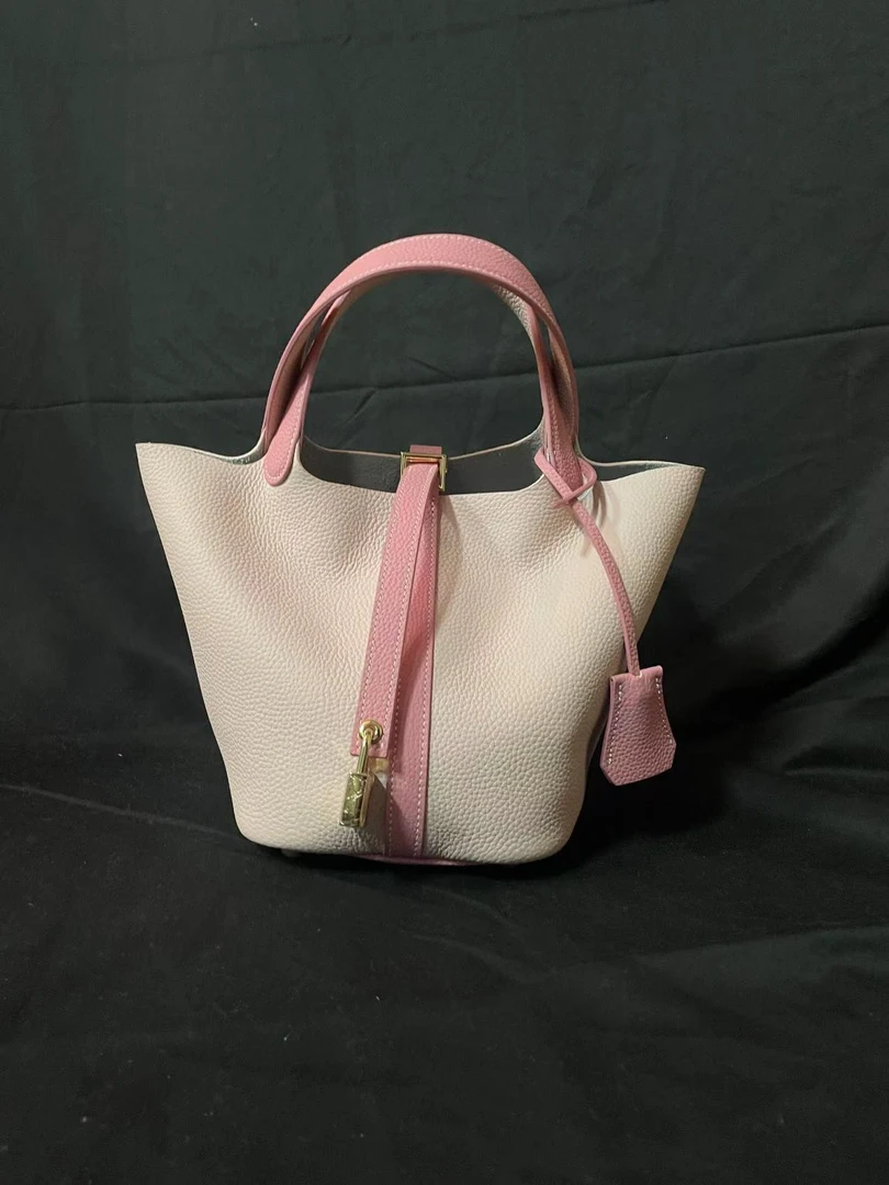 LQ-WITH-QUEEN真皮女包粉拼深粉篮子