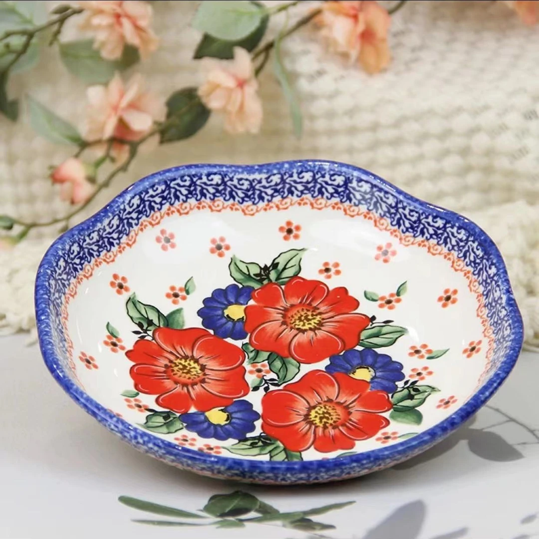 波兰釉下彩花眷8.5英寸八角家用陶瓷汤盘菜盘子
