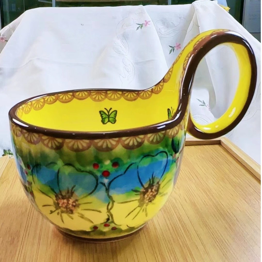波兰彩高温陶瓷欧式手工手绘杯琉璃黄款家用曲把杯牛奶杯早餐杯