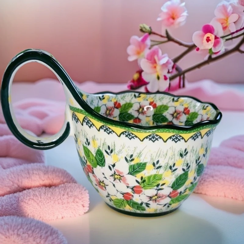 波兰风欧式梧桐花款陶瓷釉下彩手绘双耳曲把杯高颜值沙拉碗创意杯
