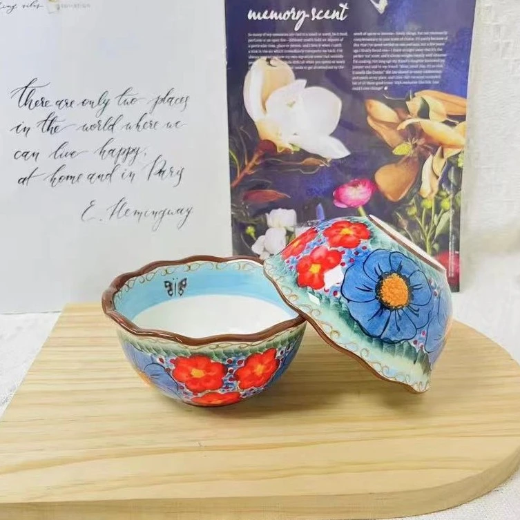 波兰瓷高温陶瓷手绘琉璃蓝款花边家用碗饭碗米饭碗