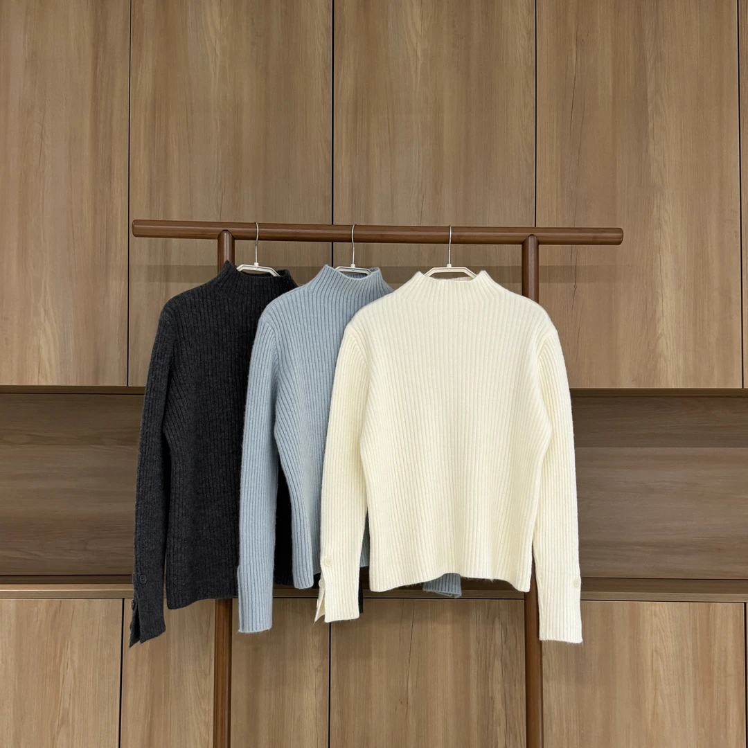 2024冬季新款宽松内搭打底长袖上衣针织衫毛衣袖口开扣半高领