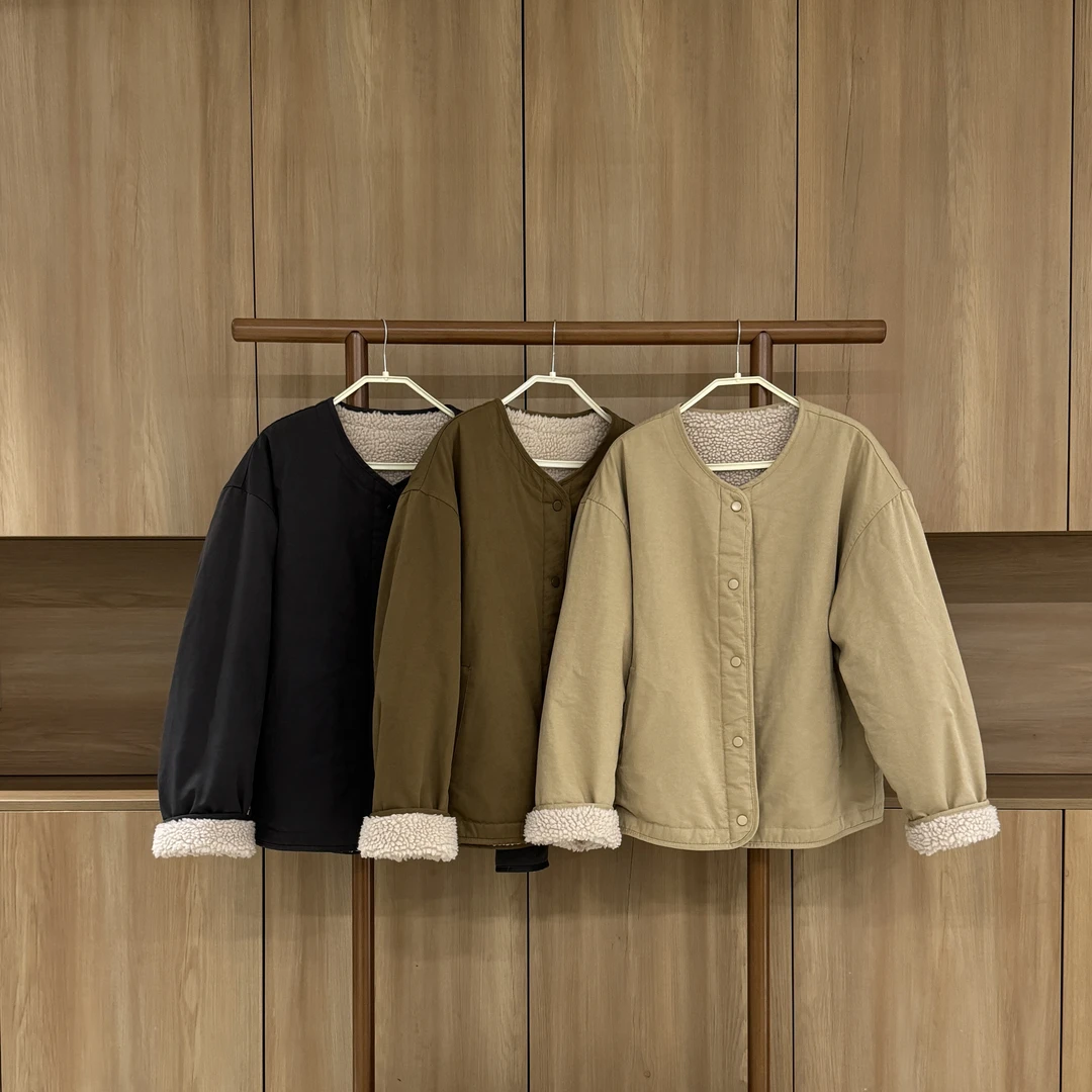 秋冬季短款两面穿棉衣双面穿拼色羊羔毛圆领加厚外套女