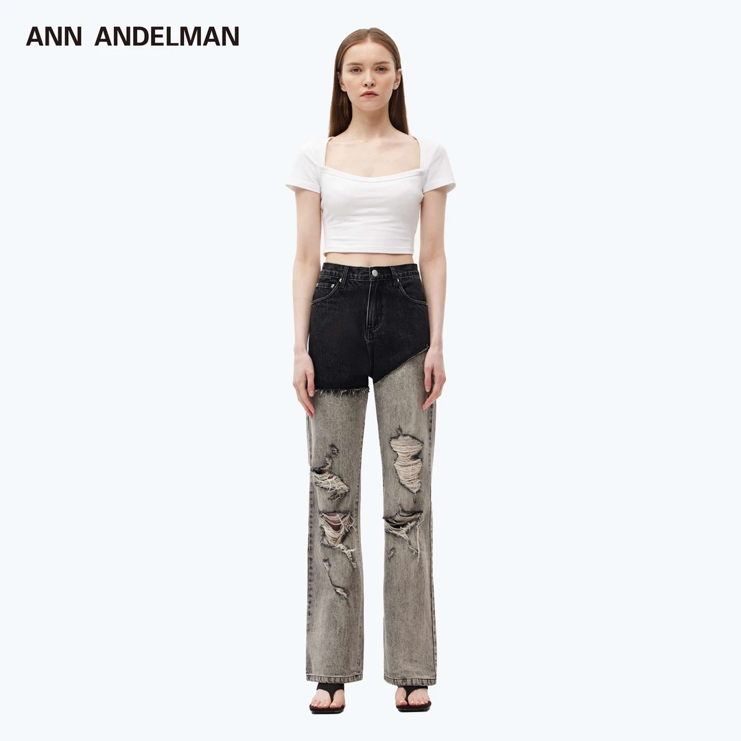 ANNANDELMAN25春夏 高腰破洞黑灰破坏设计拼接牛仔裤