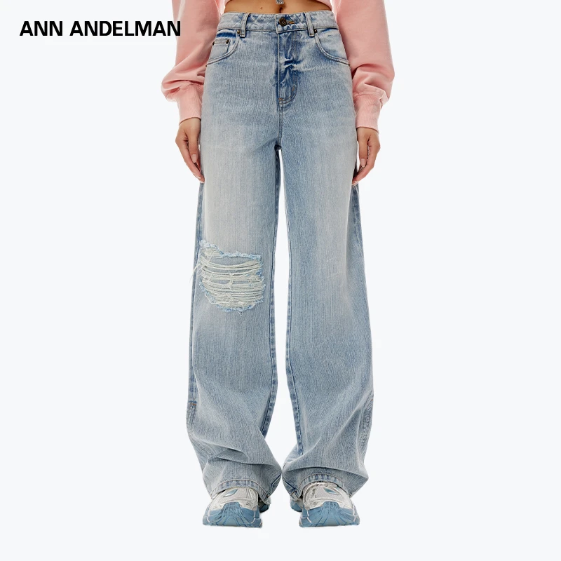 ANN ANDELMAN25春夏美式直筒复古阔腿高街宽松破洞水洗牛仔裤