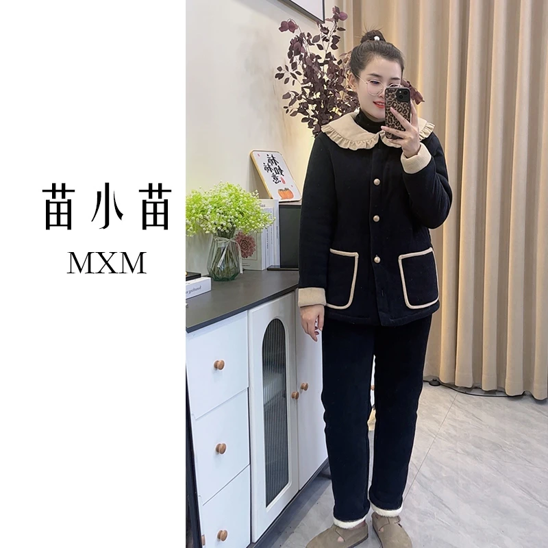 苗小苗新款洋气娃娃领睡衣女可外穿家居服套装小香风翻领加厚保暖