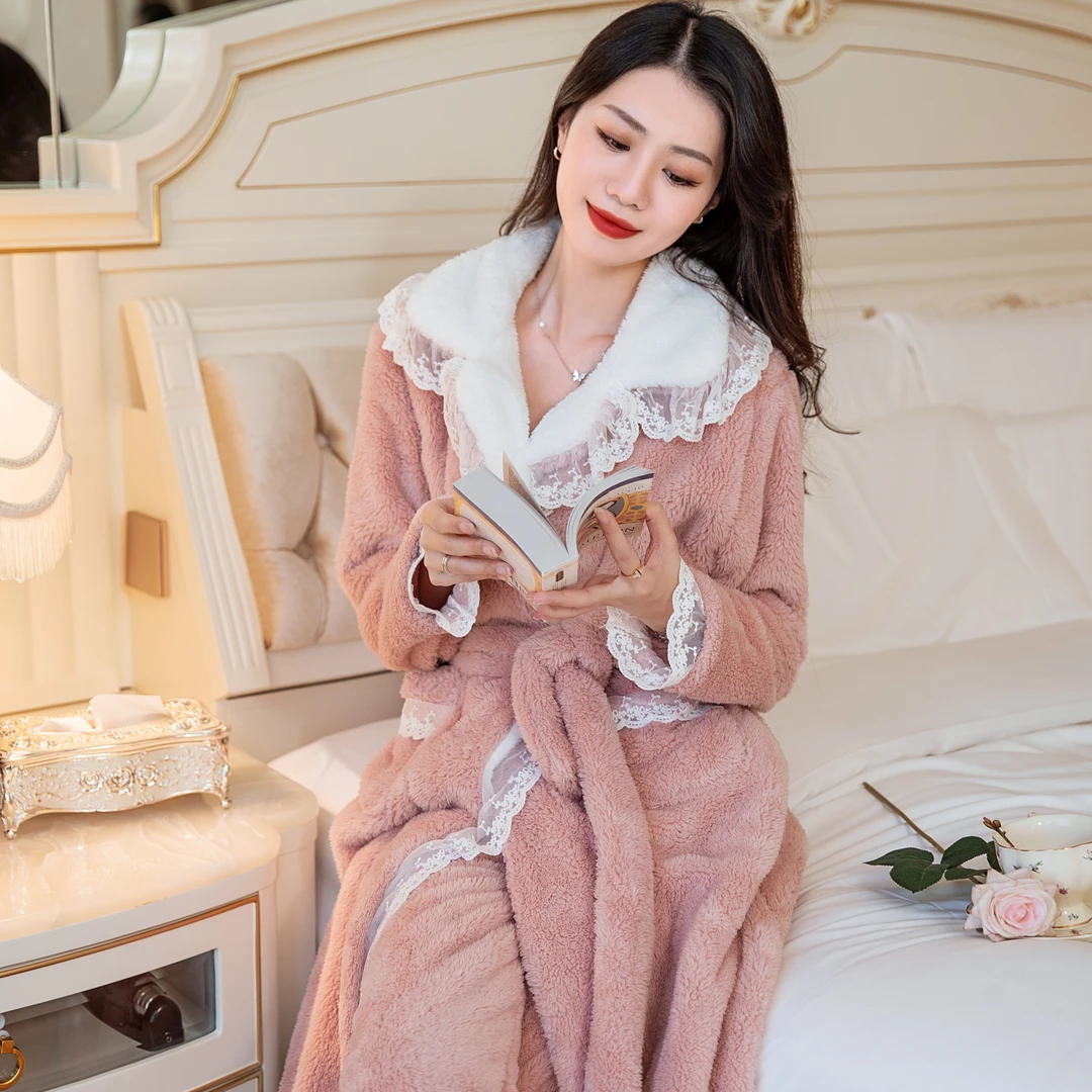女士睡袍秋冬款珊瑚绒加绒加厚家居服蕾丝花边睡衣法兰绒睡衣