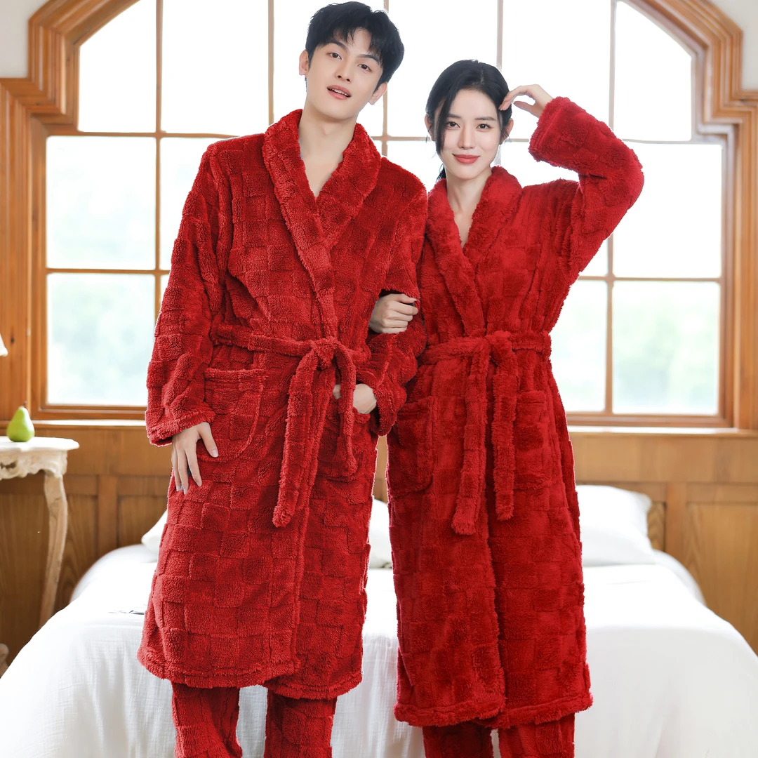 爆款结婚本命年情侣秋冬季加厚立体方格提花绒长款睡袍家居服套装