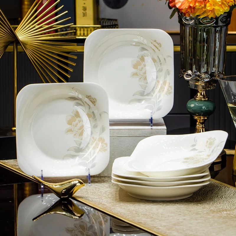 清雅名媛8英寸如意方盘（点关注再送2个）景德镇家用陶瓷盘子餐具