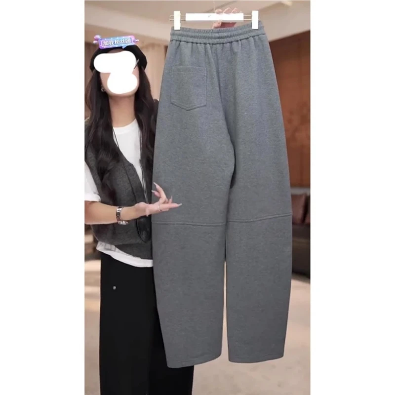 韩版时尚休闲镰刀卫裤女秋冬加绒加厚钉珠小众设计感显瘦弯刀长裤