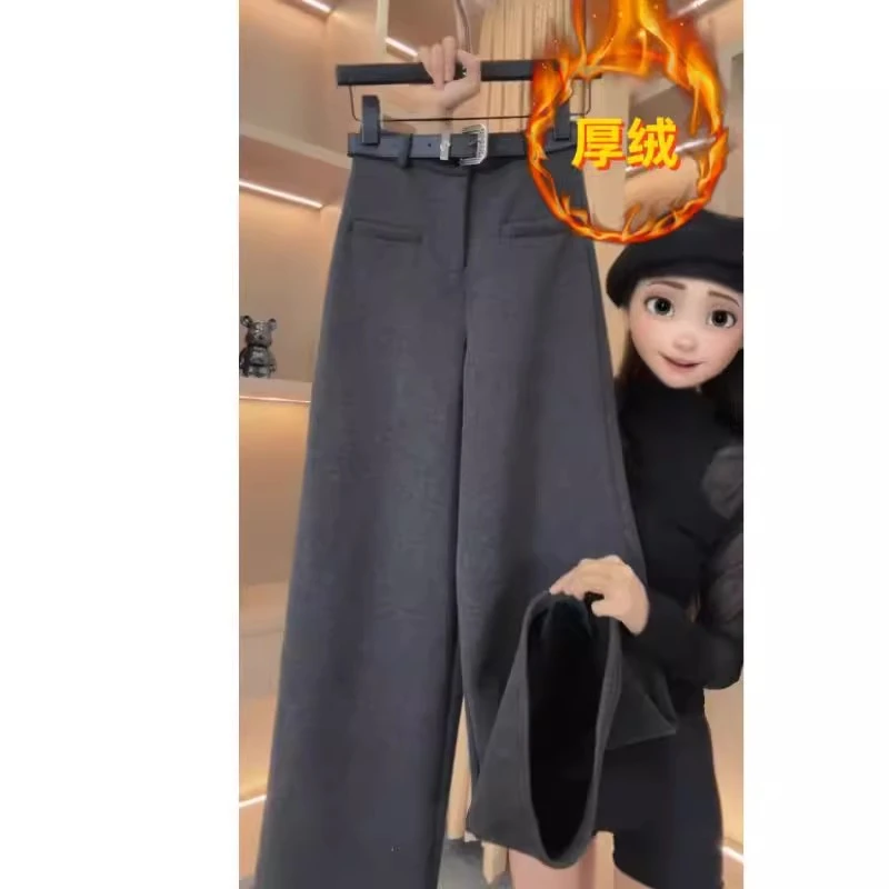 秋冬加绒加厚毛呢休闲裤女时尚设计感一字兜高腰休闲裤直筒阔腿裤
