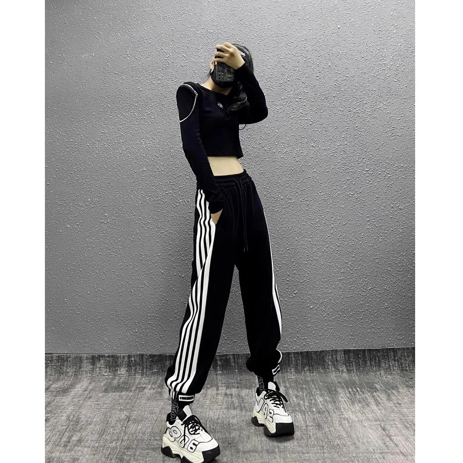 2025春秋新款侧条纹拼色运动卫裤女韩版炸街百搭显瘦小个子束脚裤