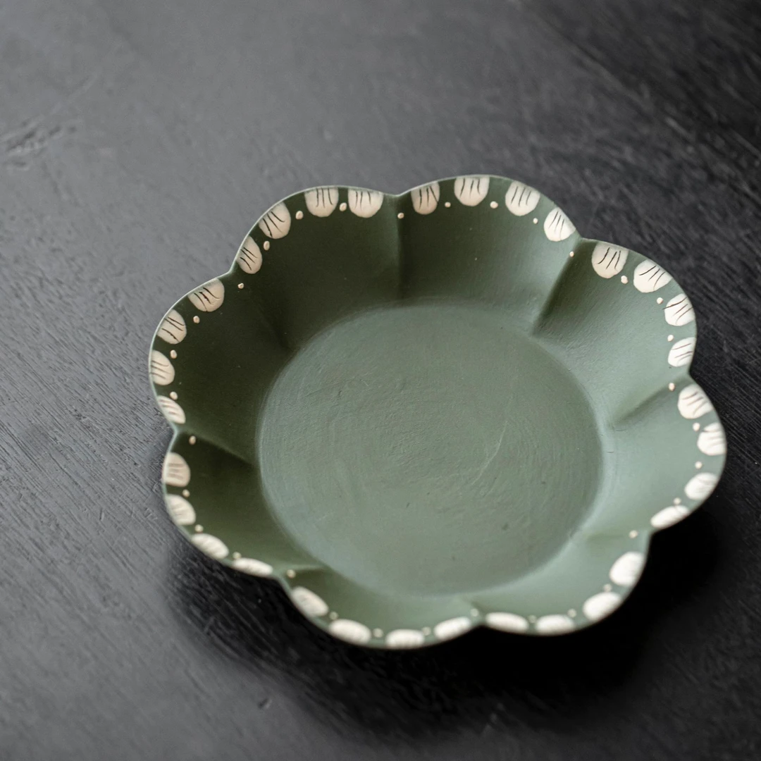 樊品手作青几何花叶海浪茶承釉下手绘小花陶瓷壶承干泡盘茶点盘