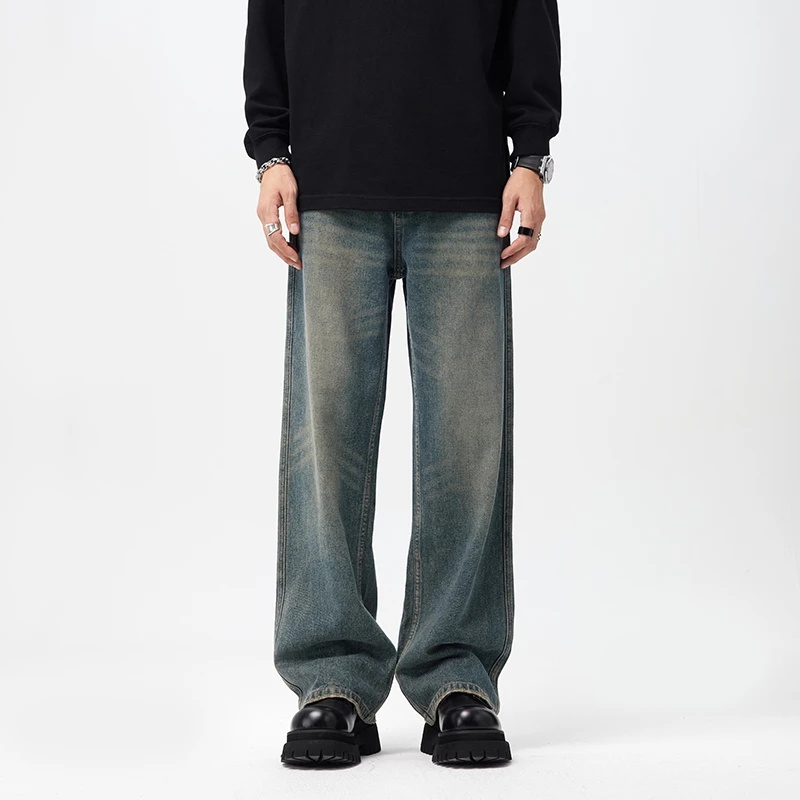 cleanfit春季美式复古水洗做旧宽松直筒牛仔裤男长裤【达人专属】