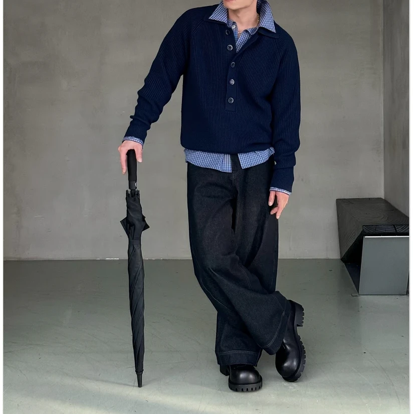 重磅羊毛混纺低开门襟设计翻领针织毛衣
