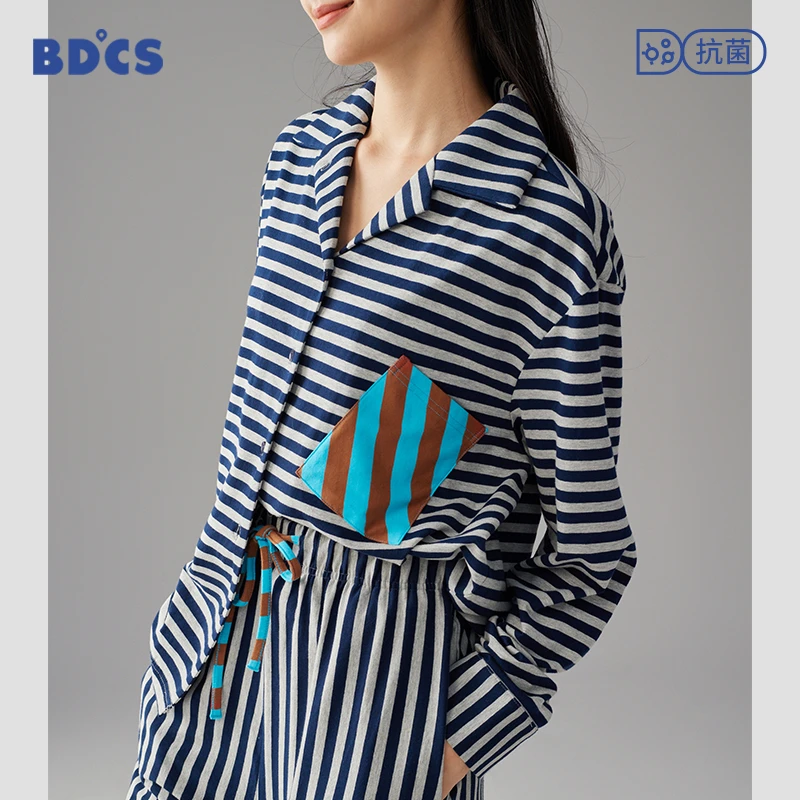 睡衣女士春秋季纯棉长袖时尚条纹女款甜美海军风秋天可外穿家居服