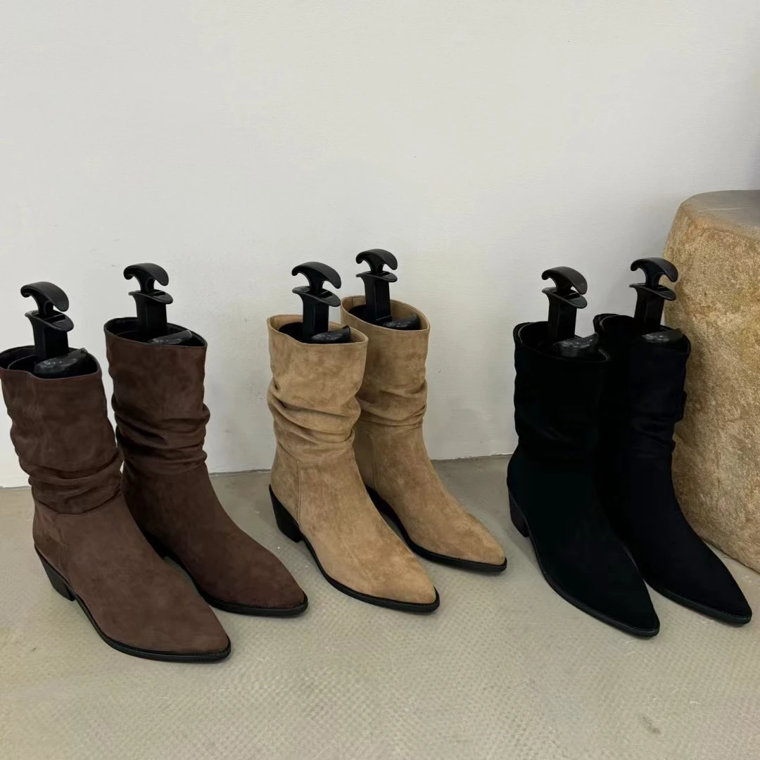 311-16网红复古高跟瘦瘦靴秋冬百搭中筒短靴尖头弹力秋季女靴西部