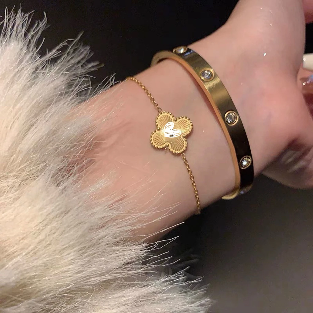 钛钢手镯 516 钛钢不掉色~金色简满钻金色手镯高级感手链手饰女