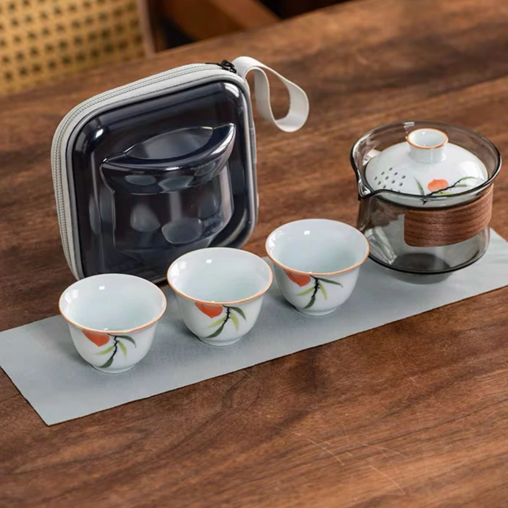 C230陶瓷玻璃手绘旅行茶具盖碗茶杯便携式防烫手快客杯一壶三杯带