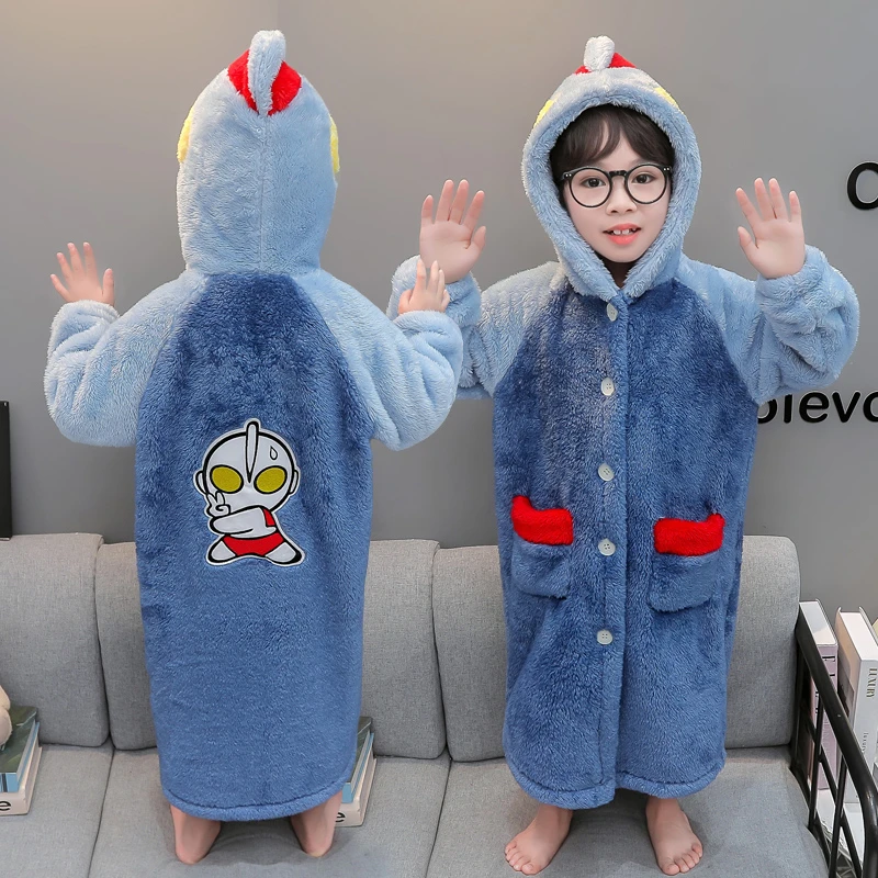 新款小孩睡衣睡袍儿童浴袍珊瑚绒法兰加绒加厚宝宝男孩奥特曼浴袍
